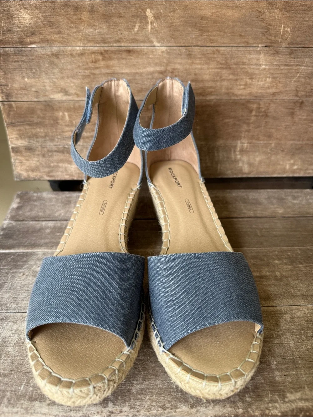 New Women’s Rockport Denim Blue Espadrille Wedge Sandals with Ankle Strap - 10